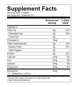 Supplement facts panel of Synergenex Ephedrine HCL 8mg 50 Tablets Serving Size 1 Tablet Servings per container 50