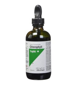 One white and black bottle of Trophic–Chlorophyll 100mg Liquid