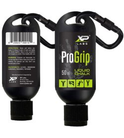 2 black bottles of XPLabs Pro Grip Liquid Grip Chalk 50 ml upside down on a hook