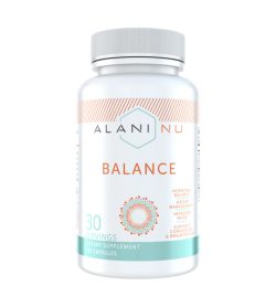 One white and cyan bottle of AlaniNu–Balance 120 Capsules 30 SERVINGS HORMONAL BALANCE WEIGHT MANAGEMENT