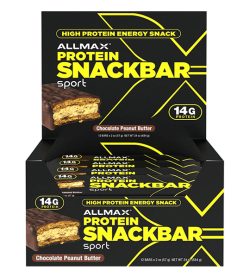 One black and yellow box of Allmax Protein SnackBar Sport 57g Chocolate Peanut butter flavour
