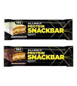 2 black and yellow packs of Allmax Protein SnackBar Sport 57g bars White Chocolate Peanut Butter Chocolate Peanut Butter