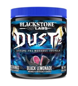 One black and blue container of BlackStone Labs Dust X V2 25 servings Black Lemonade naturally & artificially flavored