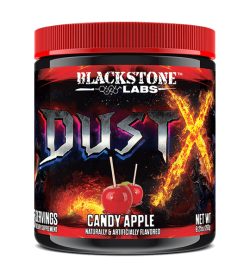 One black and red container of BlackStone Labs Dust X candy Apple naturally & artificially flavored net wt 9.25 oz
