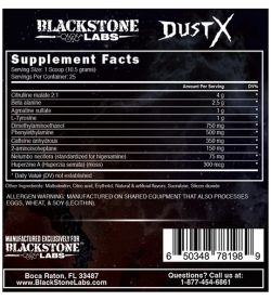Nutrition fact and ingredients panel of Black Stone Labs Dust X for serving size 1 scoop (10.5 g)