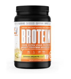 One black and orange container of Brotein 2lb BANANA DREAM PIE 100% ULTRA COLD FILTERED WHEY PROTEIN SOURCES