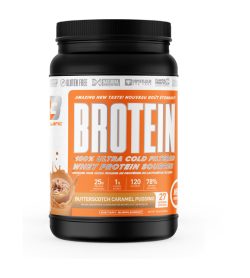 One black and orange container Brotein 2lb BUTTERSCOTCH CARAMEL PUDDING 100% ULTRA COLD FILTERED WHEY PROTEIN SOURCES