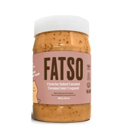 One orange and peach bottle of Fatso Crunchy Salted Caramel High Performance Peanut Butter 500 g (18 oz)