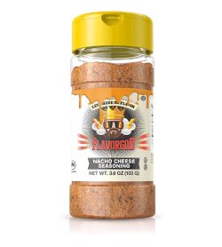 One brown bottle with yellow cap of Flavor God Nacho Cheese Seasoning net wt. 3.6 oz (105 g)