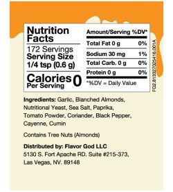 Nutrition fact and ingredients panel of Flavor God Nacho Cheese for serving size 1/4 tsp (0.6 g)