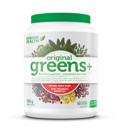 One white and green container of Genuine Health Greens 60 Servings 566 g powder Natural Mixed Berry flavour