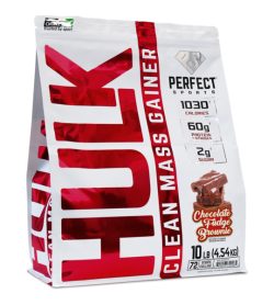 One white and red pack of Perfectsports HULK Clean Mass Gainer 10lb (4.54kg) chocolate brownie flavour