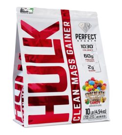 One white and red pack of Perfectsports HULK Clean Mass Gainer 10lb (4.54 kg) chocolate peanut falvour