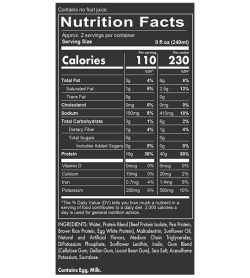 Nutrition fact and ingredients panel of Redcon1 MRE Real Whole Food 40g Protein Shake 500ml Serving Size 8 fl oz (240ml)