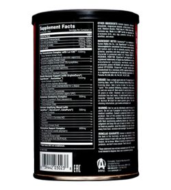 One black container of Universal Animal Stak 21 pack showing supplement facts side