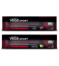 2 black and red pouches of Vega Sport Electrolyte Hydrator Stick with Lemon Lime and Berry flavors each