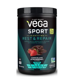 One black and cyan container of Vega Sport Nighttime Protein Rest Repair 401g Chocolate Strawberry flavor