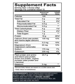 Supplement facts panel of Vega Sport Nighttime Protein Rest Repair 401g Chocolate Serving Size 1 Scoop (28g)