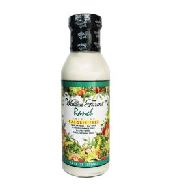 One white and green bottle of Walden Farms Ranch Dressing Calorie Free, Sugar Free, Fat Free 355 ml