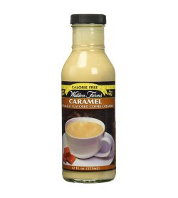 One white and brown bottle of Walden Farms Caramel Naturally Flavored Coffee Creamer 355mL