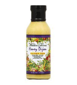 One white and purple bottle of Walden Farms Honey Dijon Dressing Calorie free, Sugar free, fat free 355ml