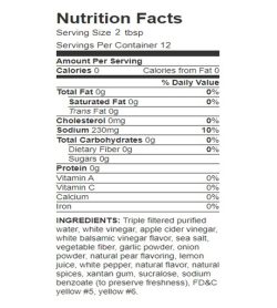 Nutrition fact and ingredients panel of Walden Farms Pear & White Balsamic Vinaigrette for serving size 2 tbsp