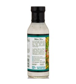 One white and green bottle of Walden Farms Ranch Dressing 355ml showing info panel