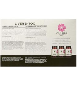 Pamphlet showing 3 white and pink bottles of Wild Rose Liver D-tox with info