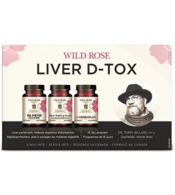 3 white and pink bottles of WildRose Liver D-tox shown on a banner 15 day program
