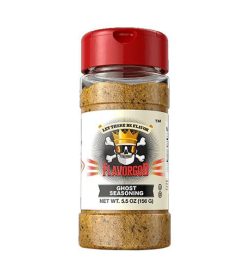 One brown bottle with red cap of Flavor God ghost seasoning net wt. 5.5 oz (156 g)