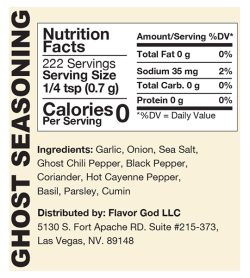 Nutrition fact and ingredients panel of Flavor God ghost seasoning for serving size 1/4 tsp (0.7 g)
