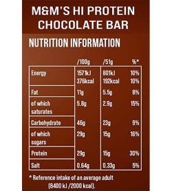 Nutrition information panel of M&M's hi protein bar 51 g chocolate for serving size of 51 g