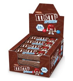 A box of M&M's hi protein bar box 12 chocolate bars 15 g protein