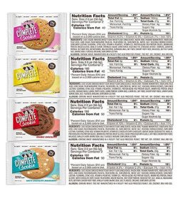 4 different flavour pouches of Lenny&Larry's snack bars the complete cookie shown with nutrition facts