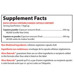 Supplement facts panel of Alora Naturals Cayenne 40000 SHU Serving Size/Portion: 1 VegiCap
