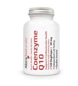 One white and red bottle of Alora Naturals Coenzyme Q10 Heart Health Supports Cardiovascular Health