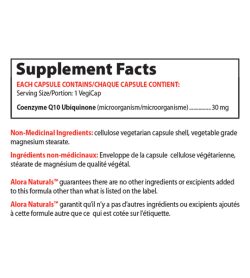 Supplement facts panel of Alora Naturals Coenzyme Q10 Serving Size/Portion: 1 VegiCap