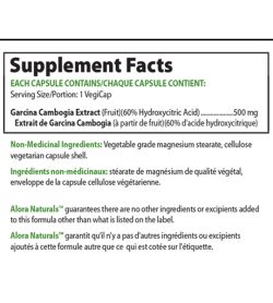 Supplement facts panel of Alora Naturals Garcinia Cambogia 60 vegi caps Serving Size/Portion: 1 VegiCap