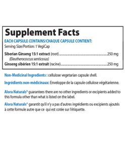 Supplement facts panel of Alora Naturals Siberian Ginseng Extract Serving Size/Portion: 1 VegiCap