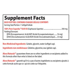 Supplement facts panel of Alora Naturals Superba Krill Oil 60 softgels Serving Size/Portion: 1