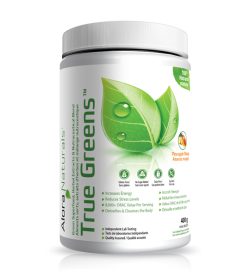 One white and green container of Alora Naturals True Greens 400g Pineapple Mango flavour