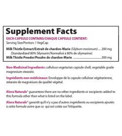 Supplement facts panel of Alora Silymarin 90 Veggie Caps Serving Size/Portion: 1 VegiCap