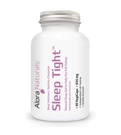 One white and purple bottle of Alora Sleep Tight 90 Veggie Caps 834 mg
