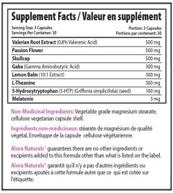 Supplement facts panel of Alora Sleep Tight 90 Veggie Caps Serving Size: 3 Capsules