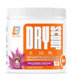 One white and orange container of Ballistic–Dry Scoop Pre Workout Razzleberry Pixie Dust flavour