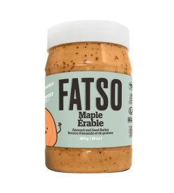 One orange and light green container of Fatso Almond and Seed Butter 454g maple flavour