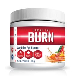 One white and red container of Pro Line Carnitine Burn 30 Servings PEACH MANGO flavour