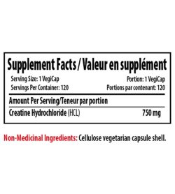 Supplement facts panel of Pro Line Creatine HCL 750mg 120 Capsules Serving Size: 1 VegiCap