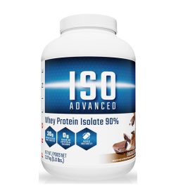One white and blue container of Pro Line ISO Advanced Protein 5 lbs chocolate flavour
