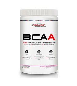 One white and red container of Pro Line Instantized BCAA 50 Servings Pink Lemonade flavour